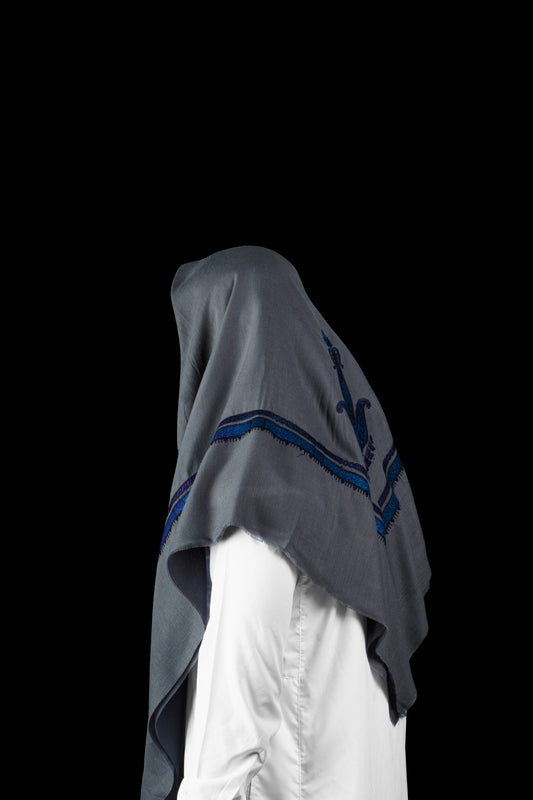 Yemeni Shemagh - Wolf Grey with Blue Embroidery